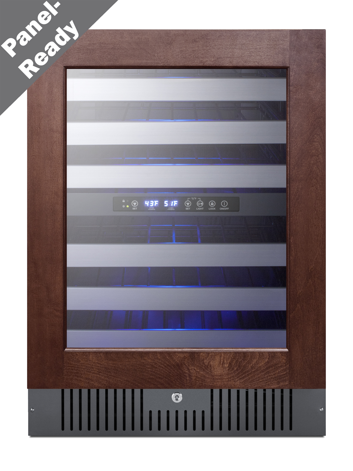 Dual zone built-in wine cellar designed for the display and refrigeration of beverages, with digital thermostat, panel-ready glass door, and black cabinet